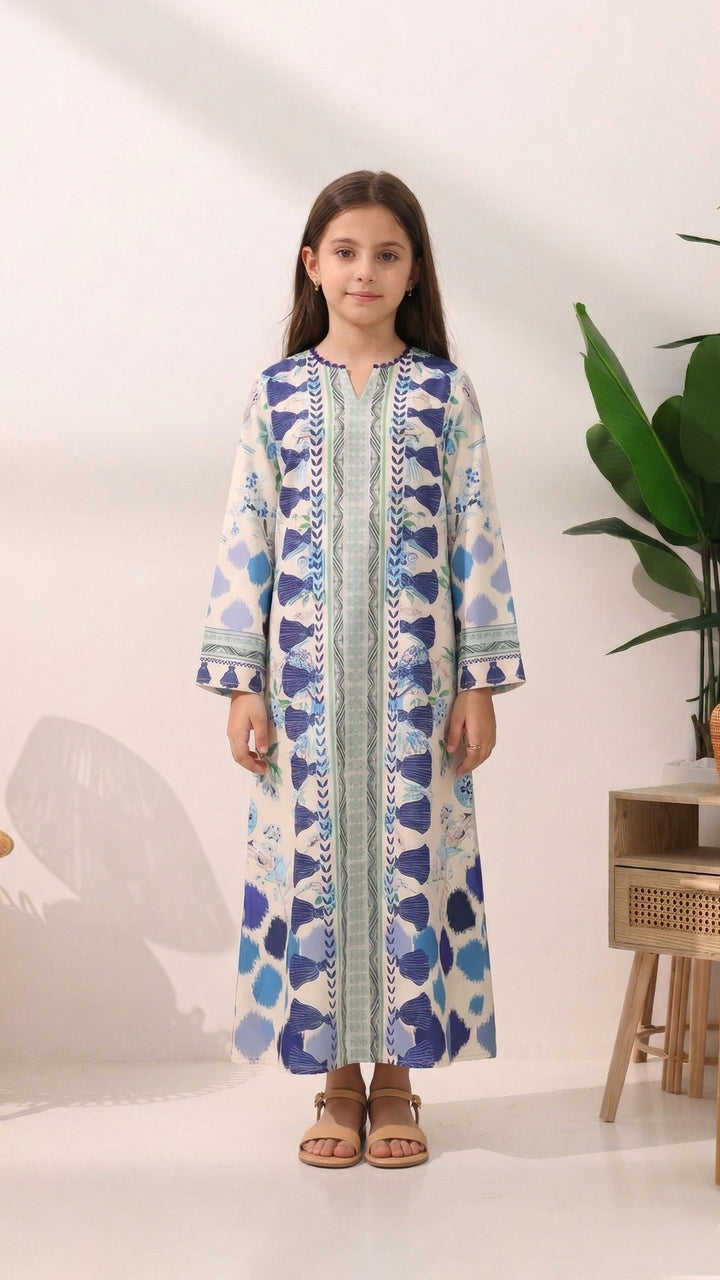 Blossom Charm White Kids Kaftan Dress